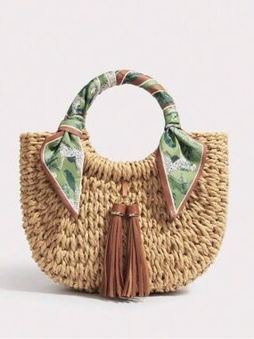 Handwoven Straw Circle Tote with Green Scarf and Tan Tassel